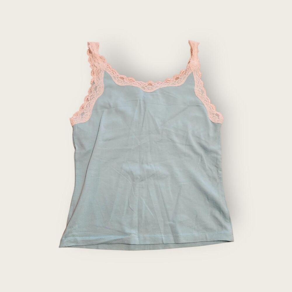 Vintage Y2k Moda International baby blue with white lace trim stretchy tank top - Picture 2 of 4